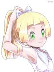  armpits bad_id bad_twitter_id bangs blonde_hair blunt_bangs bow braid closed_mouth green_eyes hair_bow high_ponytail koutetsu_(fe_steel_stone) lillie_(pokemon) long_hair pokemon pokemon_(game) pokemon_sm sleeveless smile solo twin_braids upper_body white_bow 