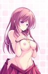  artist_name blush bound bound_wrists breasts egg egg_yolk girlish_number hands_on_own_chest highres karasuma_chitose_(girlish_number) long_hair maullarmaullar medium_breasts naked_skirt nipples open_clothes open_skirt pleated_skirt purple_eyes purple_hair red_skirt restrained skirt solo topless 