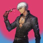  absurdres cross dark_skin dark_skinned_male eyewear_removed gloves highres holding holding_eyewear hyeona jacket jewelry k' male_focus necklace pectorals solo sunglasses the_king_of_fighters the_king_of_fighters_xiv unzipped white_hair 