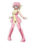  audino bare_shoulders blue_eyes boots breasts commentary_request covered_navel gen_5_pokemon girly_pose medium_breasts multicolored_hair open_mouth outstretched_wrists personification pink_hair pokemon sakasa_gurasan short_hair solo wristband 