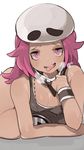  bandana breasts breath cleavage dark_skin hat heavy_breathing jewelry necklace open_mouth pink_eyes pink_hair pokemon pokemon_(game) pokemon_sm simple_background small_breasts solo tank_top team_skull team_skull_grunt toi_(toiot) tongue tongue_out 