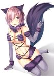  alternate_costume animal_ears black_panties blush breasts cleavage commentary dangerous_beast elbow_gloves eyebrows eyebrows_visible_through_hair fang fate/grand_order fate_(series) fur-trimmed_gloves fur-trimmed_legwear fur_collar fur_trim gloves hair_over_one_eye halloween halloween_costume highres kazuha_(saku_kn) large_breasts mash_kyrielight navel o-ring o-ring_top open_mouth panties pink_ribbon purple_eyes purple_gloves purple_hair purple_legwear ribbon shadow short_hair simple_background sitting solo stomach tail thighhighs underwear white_background wolf_ears wolf_tail yokozuwari 