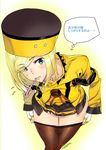  ashiomi_masato blonde_hair blue_eyes collarbone fingerless_gloves gloves guilty_gear guilty_gear_xrd hat millia_rage pantyhose pantyhose_pull skirt solo toothbrush_in_mouth translated 