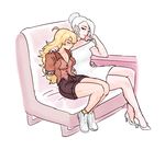  amputee blonde_hair breasts cleavage closed_eyes commentary couch dashingicecream dress hair_bun high_heels long_hair looking_at_another medium_breasts multiple_girls one_eye_closed rwby shoes sitting smile white_dress white_footwear white_hair winter_schnee yang_xiao_long yuri 