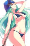  1girl bikini blue_bikini blue_eyes breasts commentary_request fire_emblem fire_emblem:_souen_no_kiseki green_hair helmet kokouno_oyazi large_breasts long_hair navel nephenee nintendo polearm simple_background solo swimsuit weapon white_background 