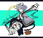  2016 alternate_costume animal_ears aqua_background basket belt belt_buckle black_dress black_footwear buckle cape dowsing_rod dress full_body grey_cape grey_hair hair_ribbon letterboxed long_sleeves mouse mouse_ears mouse_tail nazrin red_eyes ribbon shishi_osamu shoes smile solo tail tail_hold touhou white_background white_legwear yellow_ribbon 