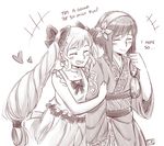  arm_hug artist_name blush closed_eyes dl dress elise_(fire_emblem_if) english fire_emblem fire_emblem_if greyscale heart japanese_clothes kimono long_hair monochrome multiple_girls open_mouth sakura_(fire_emblem_if) short_hair smile twintails yuri 