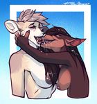  2016 abstract_background anthro black_nose blue_eyes blush breasts brown_fur brown_hair canine cheek_tuft dog drooling duo extreme_french_kiss fangs female female/female frankie_(spoonyfox) fur hair half-closed_eyes kissing long_hair mammal nipples open_mouth rokemi saliva sawyer_(tantrum) signature tan_fur tongue tuft 