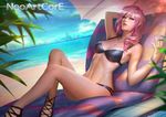  asymmetrical_hair beach beach_chair bikini blue_eyes breasts cleavage day final_fantasy final_fantasy_xiii jewelry lightning_farron looking_at_viewer medium_breasts navel necklace nudtawut_thongmai ocean palm_tree parted_lips pink_hair reclining solo swimsuit tree umbrella 