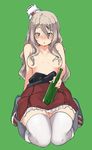  blush bottle breasts full_body green_background grey_eyes grey_hair hair_censor hat highres kantai_collection kei_(soundcross) long_hair looking_at_viewer medium_breasts mini_hat parted_lips pola_(kantai_collection) seiza simple_background sitting solo thighhighs topless white_legwear 