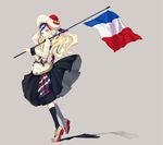  bangs belt beret black_legwear blonde_hair blue_dress blue_eyes blue_hair commandant_teste_(kantai_collection) commentary double-breasted dress flag france french_flag hat kantai_collection loafers long_hair multicolored_hair pleated_skirt pom_pom_(clothes) red_hair scarf shadow shoes skirt smile socks solo streaked_hair swept_bangs unajuu_(set_mk) wavy_hair white_hair 