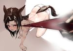 alternate_costume animal_ears asuzemu back bikini blush breasts brown_hair commentary_request crawling dimples_of_venus hanging_breasts imaizumi_kagerou leash long_hair looking_at_viewer looking_up medium_breasts nail_polish open_mouth out_of_frame perspective red_eyes red_nails shadow shiny shiny_hair solo swimsuit tail teeth thighs tongue touhou white_bikini wolf_ears wolf_tail 