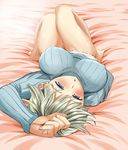  arm_up bare_legs bed bed_sheet blonde_hair blue_eyes blush brave_witches breasts breasts_apart commentary_request covered_nipples enuhani highres knees_up large_breasts legs_together looking_at_viewer lying military military_uniform nikka_edvardine_katajainen no_pants on_back open_mouth ribbed_sweater short_hair solo sweater uniform world_witches_series 