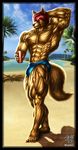  2016 abs anthro arm_over_head beach biceps bulge can canine clothing hair invalid_tag jugg4 male mammal muscular muscular_male navel palm_trees pecs red_eyes red_hair sand seaside sky smile solo speedo swimsuit tree water wolf 