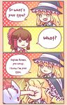  4koma :d black_dress black_hat blonde_hair bow brown_eyes brown_hair close-up comic commentary detached_sleeves dress face_punch green_bow green_ribbon hair_bow hair_ribbon hair_tubes hakurei_reimu hat hat_bow highres in_the_face japanese_clothes jitome kirisame_marisa long_hair meme multiple_girls nontraditional_miko open_mouth polka_dot polka_dot_background punching ribbon ribbon_trim round_teeth smile smug speech_bubble teeth touhou white_bow wide_sleeves witch_hat yellow_eyes yoruny 