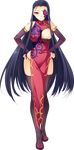  absurdres artist_request bare_shoulders black_hair black_legwear breasts china_dress chinese_clothes dress elbow_gloves eyepatch full_body gloves hands_on_hips highres kakouton koihime_musou large_breasts long_hair looking_at_viewer panties pelvic_curtain purple_eyes shoes side-tie_panties smile solo standing transparent_background underwear 