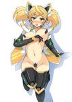  aqua_eyes bare_shoulders blonde_hair blush breast_lift breasts c-string covered_nipples elbow_gloves gene_(pso2) gloves groin highres large_breasts long_hair looking_at_viewer navel pasties phantasy_star phantasy_star_online_2 smart_inner_(pso2) solo sukesan thigh_gap thighhighs twintails 