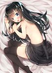  absurdres asashio_(kantai_collection) bangs bed black_hair black_legwear black_skirt blue_eyes blush eyebrows_visible_through_hair eyes_visible_through_hair feet_out_of_frame go-1 highres kantai_collection long_hair looking_at_viewer looking_to_the_side lying nail_polish no_shoes on_side open_mouth pink_nails plantar_flexion pleated_skirt skirt solo suspender_skirt suspenders thighhighs topless 