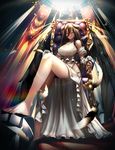  albedo barefoot black_hair breasts btraphen dress full_body gloves highres horns large_breasts legs long_hair looking_at_viewer looking_down orange_eyes overlord_(maruyama) sitting solo throne white_dress white_gloves wings 