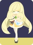  2girls asymmetrical_hair bangs blonde_hair blunt_bangs braid brother_and_sister chibi closed_eyes closed_mouth dress gem gladio_(pokemon) hair_over_one_eye high_heels leggings lillie_(pokemon) long_hair lusamine_(pokemon) mother_and_daughter mother_and_son multiple_girls open_toe_shoes pokemon pokemon_(game) pokemon_sm rizu_(rizunm) shoes short_dress short_hair siblings smile torn_clothes twin_braids 