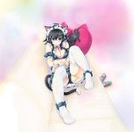  adjusting_clothes adjusting_legwear ahoge animal_ears ankle_ribbon ass bangs bare_shoulders black_footwear black_hair blue_eyes blush breasts cat_ears cat_tail closed_mouth couch detached_collar detached_sleeves frills full_body hair_ornament heart heart_pillow highres kiyama_satoshi knees_up lace lace-trimmed_thighhighs large_breasts leaning_back leg_up long_hair looking_at_viewer maid_bikini maid_headdress md5_mismatch midriff miniskirt multicolored multicolored_background neck_ribbon netoge_no_yome_wa_onna_no_ko_janai_to_omotta? no_shoes on_couch panties pillow red_ribbon ribbon shoes shoes_removed sitting skirt smile solo tail tamaki_ako thighhighs underwear upskirt white_legwear x_hair_ornament 