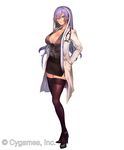  black_legwear blue_eyes breasts buttons cleavage company_name copyright_name cygames glasses hand_in_pocket high_heels isabelle_(shadowverse) labcoat large_breasts legs long_hair long_legs looking_at_viewer multicolored_hair pencil_skirt purple_hair red-framed_eyewear shadowverse simple_background skirt solo stethoscope teddy_(khanshin) thighhighs thighs two-tone_hair white_background white_hair 