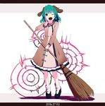  2016 animal_ears bamboo_broom blue_footwear broom brown_dress covering_mouth dated dress full_body green_hair hand_over_own_mouth holding holding_broom kasodani_kyouko letterboxed long_sleeves looking_at_viewer one_eye_closed open_mouth shishi_osamu shoes short_hair shouting socks solo touhou white_background white_legwear 