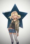  blonde_hair blue_shorts bomber_jacket closed_eyes copyright_name cutoffs denim denim_shorts film_grain girls_und_panzer hand_on_hip jacket kay_(girls_und_panzer) long_hair midriff military military_uniform navel saunders_military_uniform shorts solo soramame_(corndog) tank_top thighhighs thighs uniform white_legwear 