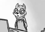  2016 anthro black_and_white blush chest_tuft clothed clothing clothing_lift computer disney ermine eyewear fan_character female flat_chested glasses gradient_background grey_background inkyfrog laptop mammal monochrome mustelid nipples shirt shirt_lift simple_background solo tuft zootopia 