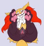  2016 animal_genitalia animal_pussy anus biting_lip black_fur black_lips blush braixen butt canine canine_pussy eye_contact fangs female fortune_cookie fox fur grey_background half-closed_eyes looking_at_viewer lying mammal nintendo nude on_back pawpads paws plump_labia pok&eacute;mon presenting pussy pussy_juice red_eyes red_fur shaking shy simple_background smile solo steam thick_thighs trembling ungulatr video_games wet white_fur yellow_fur 
