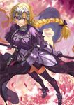  ahoge armor black_bow black_legwear blonde_hair blue_eyes blurry blurry_background bow braid breasts bug butterfly capelet chain dress fate/apocrypha fate_(series) faulds flag floating_hair from_above gauntlets glowing_butterfly hair_bow headphones holding insect jeanne_d'arc_(fate) jeanne_d'arc_(fate)_(all) legs_apart lloule long_hair looking_at_viewer medium_breasts motion_blur petals pole reflection ripples single_braid solo standing standing_on_liquid thighhighs very_long_hair water weapon wind 