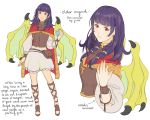  1girl cape dragon_girl dragon_wings dress english_text fire_emblem fire_emblem:_seima_no_kouseki fire_emblem_heroes full_body highres jivke long_hair looking_at_viewer mamkute multi-tied_hair myrrh nintendo older purple_hair red_eyes sandals sidelocks simple_background smile solo white_background wings 