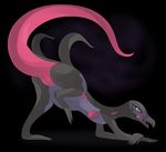  2016 amphibian anus belly big_belly black_skin butt claws female feral hi_res lizard looking_at_viewer nintendo open_mouth pok&eacute;mon presenting presenting_hindquarters pussy reptile salazzle scalie simple_background smile solo standing theothefox tongue tongue_out video_games 