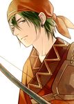  bandana bow bow_(weapon) earrings fire_emblem fire_emblem:_rekka_no_ken green_eyes green_hair jewelry kiyuu looking_at_viewer male_focus rath simple_background solo weapon 