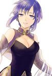  bare_shoulders blue_eyes blue_hair breasts cleavage dress earrings elbow_gloves fire_emblem fire_emblem:_rekka_no_ken gloves jewelry kiyuu large_breasts short_hair simple_background sleeveless smile solo ursula_(fire_emblem) 