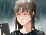  black_shirt blue_eyes brown_hair cellphone highres holding holding_phone long_hair looking_at_phone original pavarit_songsomboon phone portrait rain shirt smartphone solo water wet wet_face 