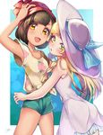  absurdres armpit_peek bangs bare_arms beanie black_hair blonde_hair blunt_bangs blush braid dress floral_print green_eyes green_shorts hat highres lgw7 lillie_(pokemon) long_hair mizuki_(pokemon) multiple_girls pokemon pokemon_(game) pokemon_sm red_hat shirt short_hair short_sleeves shorts signature sleeveless sleeveless_dress sun_hat twin_braids white_dress white_hat yellow_eyes yellow_shirt 