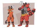 ? abs anthro anthrofied artbyyellowdog balls border duo fist half-erect hand_on_hip humanoid_penis incineroar level_difference male male/male muscular naughty_face navel nipples nude partially_retracted_foreskin pecs penis size_difference speech_bubble standing torracat uncut vein veiny_penis 