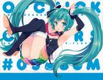  armpits arms_up artist_name ass beamed_eighth_notes black_footwear black_legwear black_shirt blush boots breasts circle_name detached_sleeves full_body green_eyes green_hair hatsune_miku headphones highres long_hair medium_breasts multicolored multicolored_clothes multicolored_skirt musical_note musical_note_print necktie number ohara_tometa open_mouth own_hands_together pleated_skirt qp:flapper red_neckwear scan shirt skirt sleeveless sleeveless_shirt solo thigh_boots thighhighs twintails very_long_hair vocaloid wing_collar 