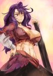  abs adapted_costume alternate_hair_length alternate_hairstyle breasts cleavage crop_top fang hair_ornament hair_stick hand_on_hip large_breasts long_hair onbashira purple_hair red_eyes skirt smile solo touhou yasaka_kanako yohane 