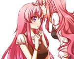  blue_eyes blush breasts closed_eyes forehead forehead_kiss gundam gundam_seed gundam_seed_destiny kiss lacus_clyne long_hair medium_breasts meer_campbell morihaw multiple_girls pink_hair yuri 