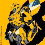 2016 arm_cannon artist_name autobot blue_eyes bumblebee cannon dated glowing glowing_eyes insignia kamizono_(spookyhouse) looking_at_viewer machinery mecha no_humans robot transformers twitter_username weapon yellow_background 