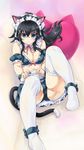  adjusting_clothes adjusting_legwear ahoge animal_ears ankle_ribbon ass bangs bare_shoulders black_footwear black_hair blue_eyes blush breasts cat_ears cat_tail closed_mouth couch detached_collar detached_sleeves frills hair_ornament heart heart_pillow highres kiyama_satoshi knees_up lace lace-trimmed_thighhighs large_breasts leaning_back leg_up long_hair looking_at_viewer maid_bikini maid_headdress md5_mismatch midriff miniskirt neck_ribbon netoge_no_yome_wa_onna_no_ko_janai_to_omotta? no_shoes on_couch panties pillow pink_background red_ribbon ribbon shoes shoes_removed sitting skirt smile solo tail tamaki_ako thighhighs underwear upskirt white_legwear x_hair_ornament 