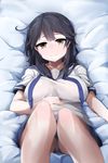  bad_id bad_pixiv_id bed_sheet black_hair blurry breasts brown_eyes commentary depth_of_field highres kantai_collection large_breasts lying panties pantyshot solo underwear upskirt ushio_(kantai_collection) wada_kazu white_panties 