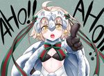  absurdres bell bikini_top black_gloves blonde_hair bow cape fate/grand_order fate_(series) foreshortening gloves hair_bow hair_ribbon headpiece highres jeanne_d'arc_(fate)_(all) jeanne_d'arc_alter_santa_lily jewelry open_mouth pointing pointing_at_viewer ribbon solo upper_body virusotaku yellow_eyes 