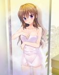  breasts brown_hair cleavage collarbone eyebrows_visible_through_hair gotou_nao hair_between_eyes highres indoors long_hair looking_at_viewer medium_breasts naked_towel natsuiro_koi_uta open_mouth purple_eyes solo steam towel tsukiyono_yuna wet wet_hair white_towel 