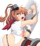  akatsuki_akane aqua_eyes areolae armpit_peek ass breasts brown_hair dress from_below hair_between_eyes kantai_collection large_breasts lips long_hair looking_at_viewer nipples open_mouth restrained saliva saratoga_(kantai_collection) side_ponytail solo tentacles thighs torn_clothes underboob white_dress 