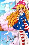  :o american_flag_dress american_flag_legwear blonde_hair blush cherry_blossoms clenched_hand clownpiece colorized dress fairy_wings fur_trim hat highres hirasaka_makoto jester_cap long_hair long_sleeves looking_back open_mouth pantyhose petals polka_dot red_eyes short_dress solo third-party_edit touhou touhou_sangetsusei translated tree wavy_hair wings 