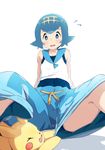  baggy_pants bare_arms blue_eyes blue_hair blue_pants blue_sailor_collar blush bright_pupils capri_pants covered_navel flying_sweatdrops gen_1_pokemon hairband open_mouth pants pikachu pokemon pokemon_(creature) pokemon_(game) pokemon_sm sailor_collar short_hair sitting sleeveless solo spread_legs suiren_(pokemon) swimsuit swimsuit_under_clothes tadano_omake trial_captain wavy_mouth 
