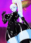  1girl 2016 alien bare_shoulders black_gloves blue_skin breasts dragon_ball dragon_ball_super earrings empty_eyes erect_nipples eyebrows eyelashes eyes female fingers gloves hands hips jewelry large_breasts latex_gloves latex_legwear latex_suit legwear lipstick long_hair looking_at_viewer makeup nipples nose panties pink_background pink_lipstick ponytail purple_eyes pussy shiny smile solo stomach thick_thighs thighhighs thighs tied_hair underwear vados_(dragon_ball) very_long_hair white_hair white_panties 